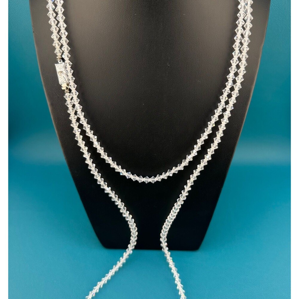 Vintage Crystal Bead Necklace Long Flapper 50" Bicone Faceted Box Clasp